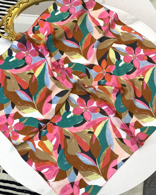 Leaf Patterned Satin Silk Scarf